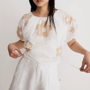 Madewell Embroidered Puff Sleeve Cutout Crop Poplin Top